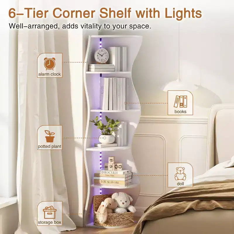 VECELO 5-Tier Wave Corner Shelf, Tall Vertical Storage Display Shelf for Small Spaces & Living Room, White