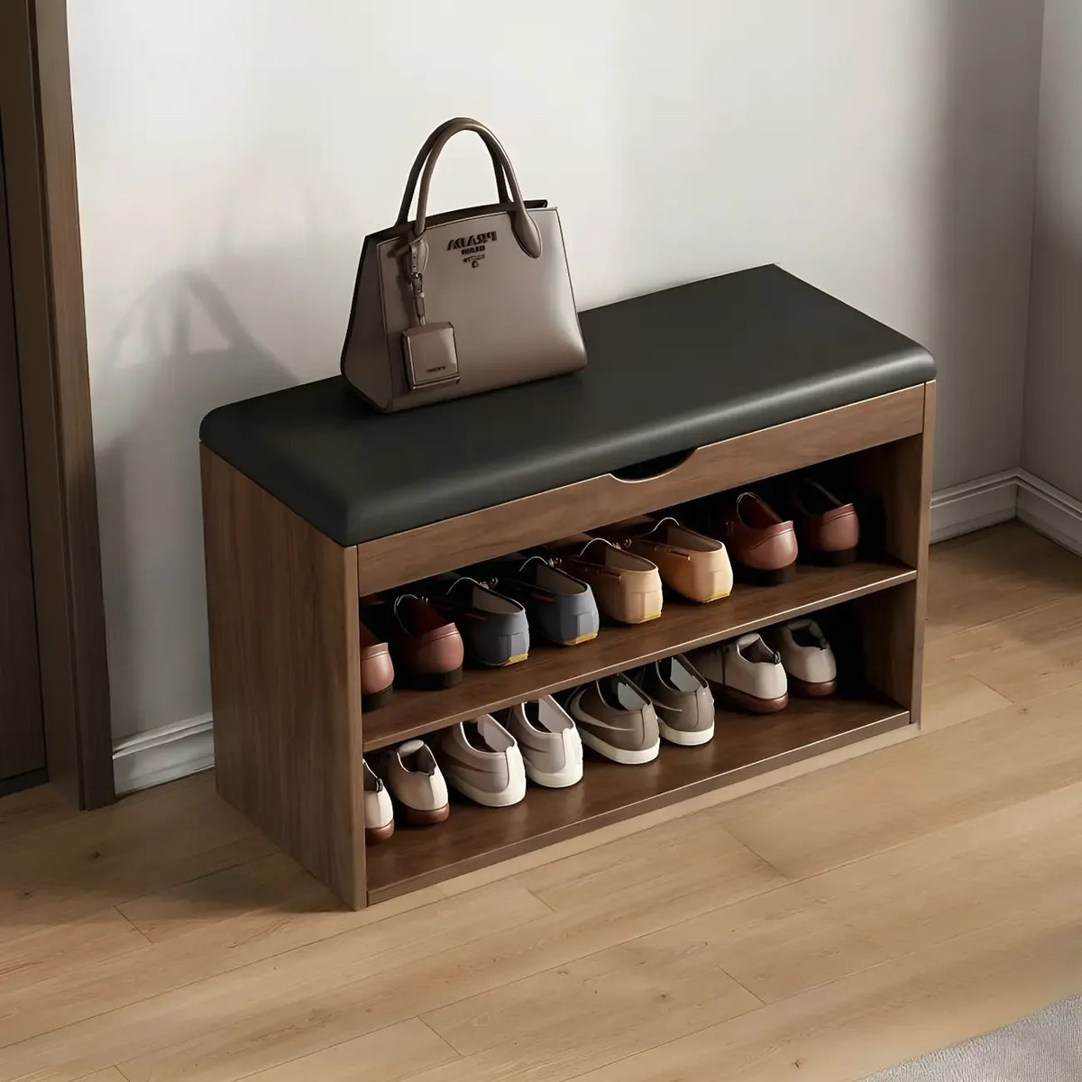 Banc de rangement à chaussures en bois massif avec coussin et étagère ouverte