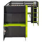 L-Shaped Gaming Loft Bed with Desks, Double Twin Loft Beds with LED Lights, USB Ports, Storage Bookshelves, Wood Corner Loft Bed for 2