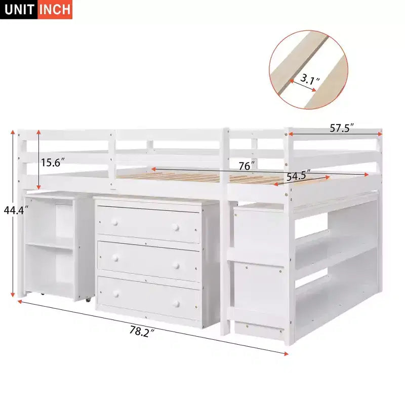 Full Size Low Loft Bed with Rolling Desk, 3 Drawers and Shelves