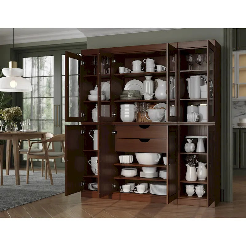100% Solid Wood Kitchen China Pantry Buffet with Glass or Solid Wood Doors and 2-Drawer Kit 65 x 71.5