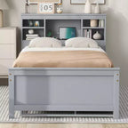 Platform Bed with Trundle and Drawers, Storage Platform Bed with USB, Wood Platform Bed with Bookcase