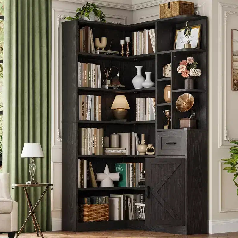 Bibliothèque d'angle haute de 188 cm - Étagère à 6 niveaux avec tiroir et placards, bibliothèque en forme de L avec étagères de rangement ouvertes, étagère d'exposition moderne pour la maison, le bureau