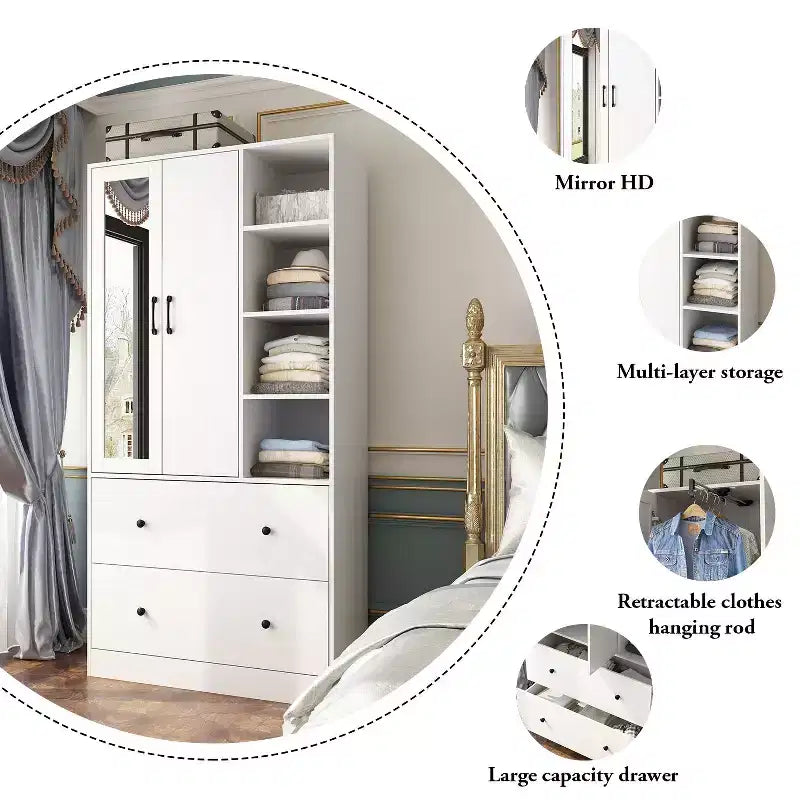 2-Door Armoire with Mirror, Hanging Rod and 2 Drawers
