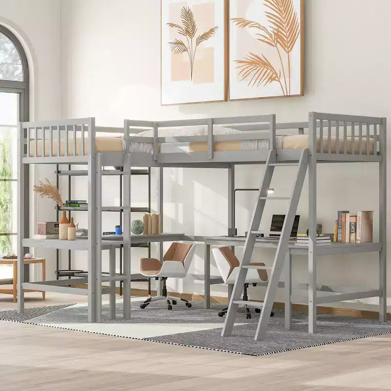 119''L 79.5''W Wood Twin Size L-Shaped Loft Bed with Ladder and 2 Built-in L-Shaped Desks