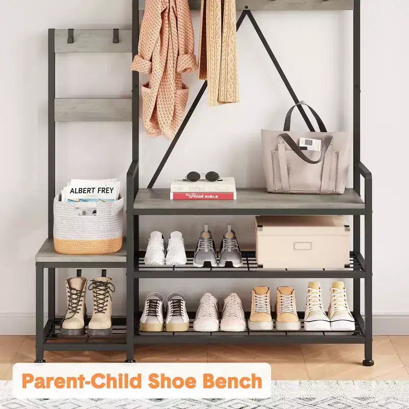 Entryway Shoe Storage Rack with Bench, Coat Rack Hall Tree with 7 Hooks and Storage Shelf, Entryway Coat Rack for Hallway Mudroom Bedroom