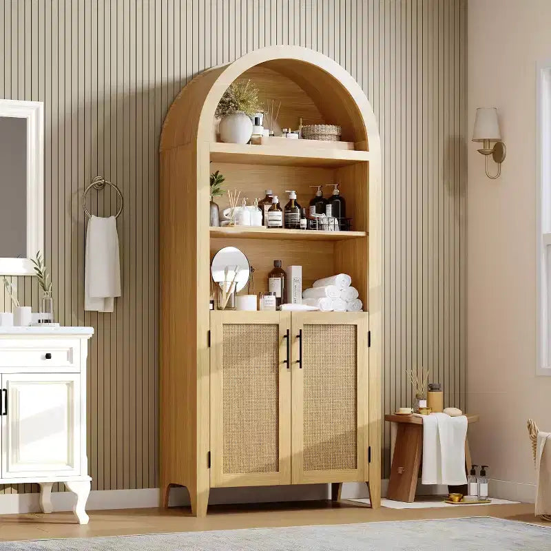 5-Tier Open Display Shelf with Rattan Decor, Farmhouse Storage Cabinet, Arched Kitchen Pantry Storage Cabinet, for Home, Office, Living Room