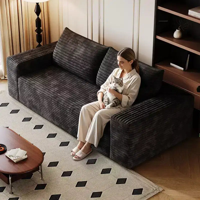 Canapé 2 places de 160 cm en velours côtelé avec assise profonde, canapé confortable, aucun assemblage requis, couleur camel