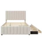 Full Size Upholstered Platform Bed with Twin Size Trundle and 3 Drawers, Linen Fabric, Beige