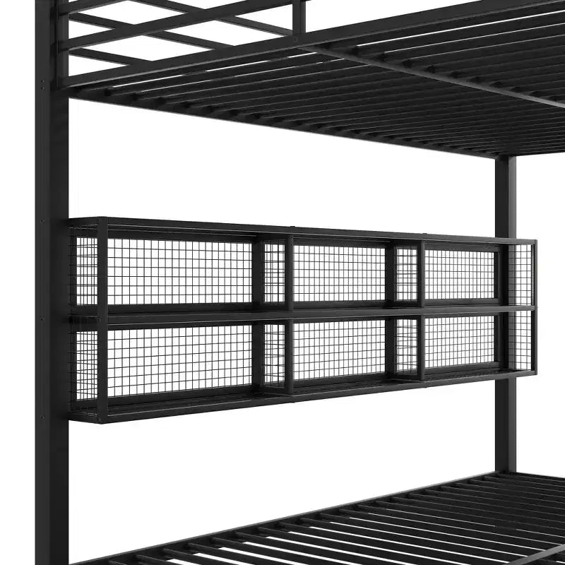 Metal Queen over Queen Bunk Bed with Storage Cabinets and LED, Black