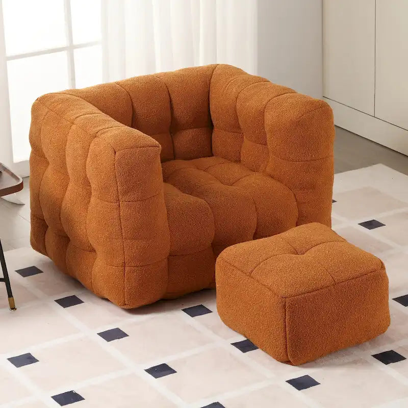 HOMEFUN Fauteuil d'appoint moderne capitonné en tissu bouclé avec ottoman