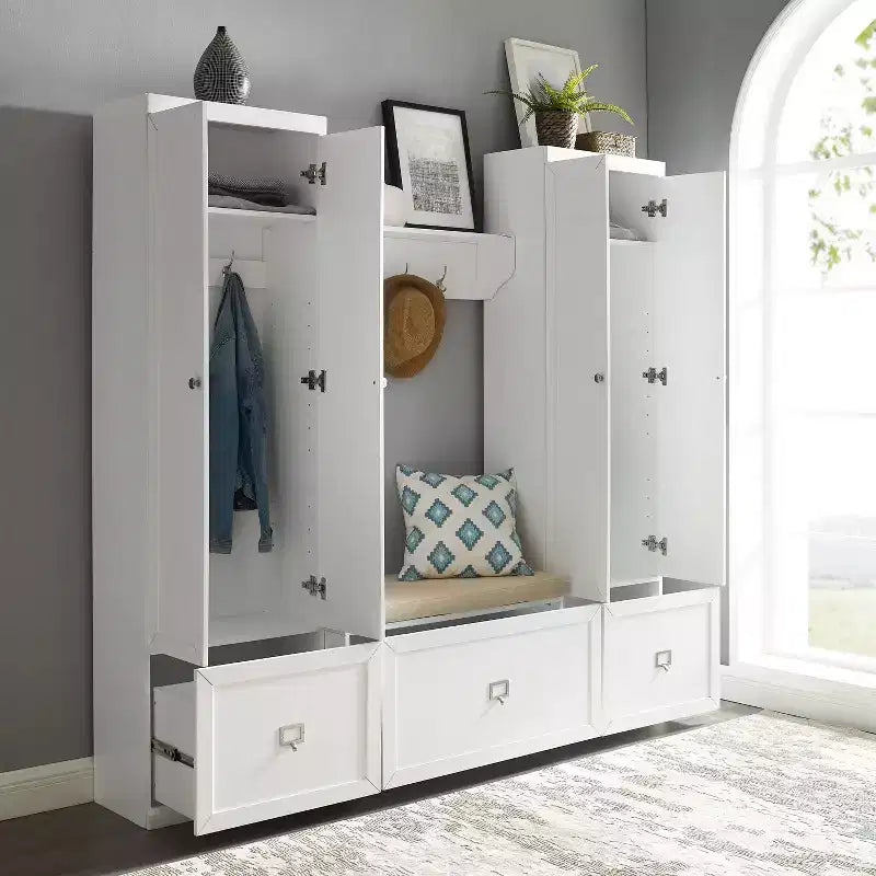 4pc Harper Entryway Set with Bench, Shelf & 2 Pantry Closets: Organizer with Coat Rack - Crosley