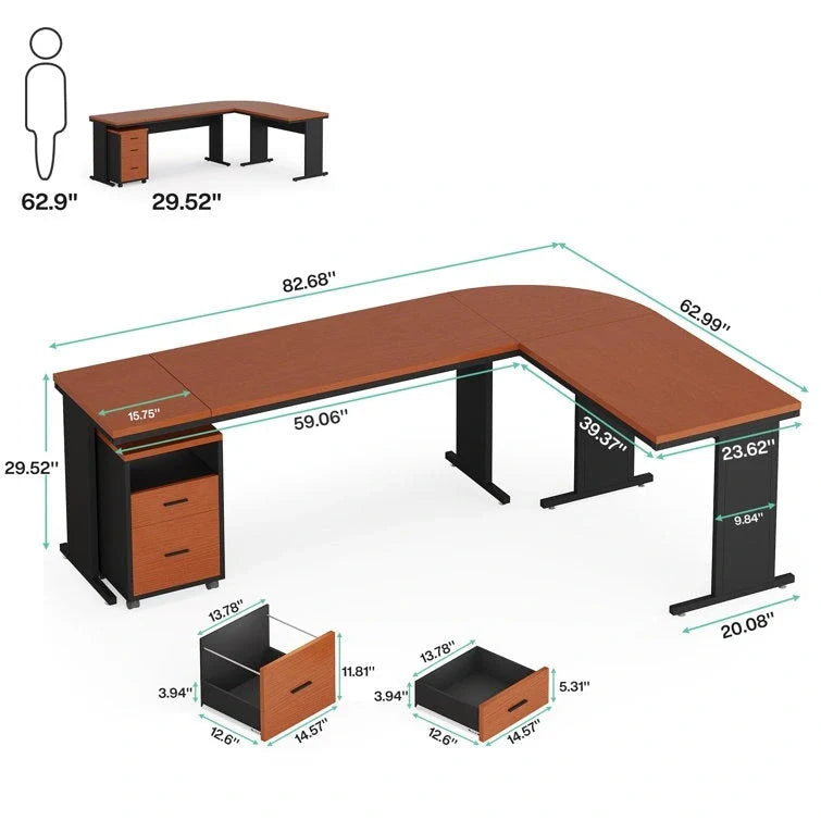 83 L-Shaped Executive Desk, Large L Office Desk with 3-Drawer Mobile File Cabinet, Business Furniture Desk Workstation