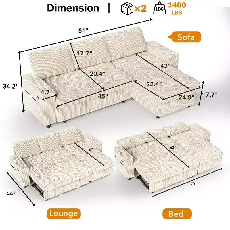 Canapé-lit convertible, canapé-lit en forme de L de 81 po avec méridienne de rangement réversible/port USB/poche latérale/assemblage sans outils, velours côtelé beige