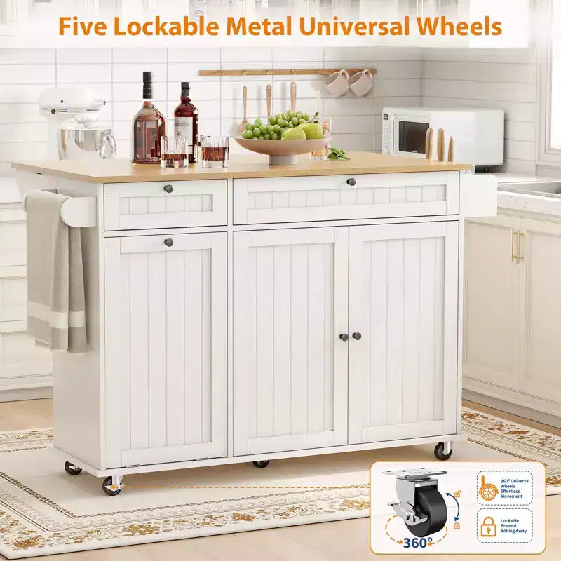 55 Mobile Island Table with Power Outlet & Drop Leaf, Kitchen Rolling Island Kitchen Island Cart with Trash Storage Cabinet for Kitchen