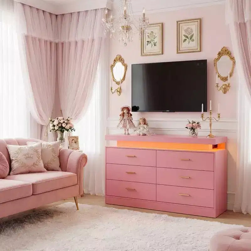 Modern TV Stand with 6 Drawers & LED Lights, Floating Countertop Coffee Bar for Living Room Entertainment Center