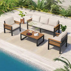 4-Piece Outdoor Sofa Set for 5 with Solid Wood Coffee Table and Removable Cushions