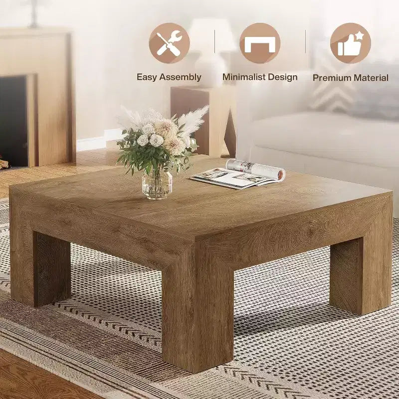 Table basse carrée Lantine de 99 cm pour salon, table basse d'appoint style ferme avec pieds en bois robustes, montage facile
