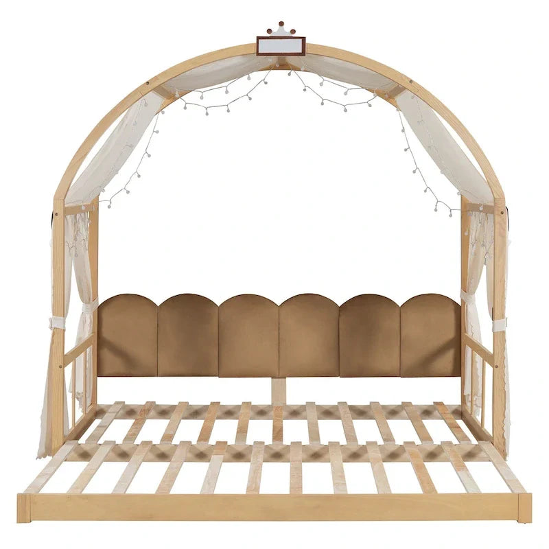 Solid Wood Playhouse Platform Bed Floor Montessori Bed Frame with Arched Roof and Trundle for Girls and Boys