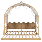 Solid Wood Playhouse Platform Bed Floor Montessori Bed Frame with Arched Roof and Trundle for Girls and Boys
