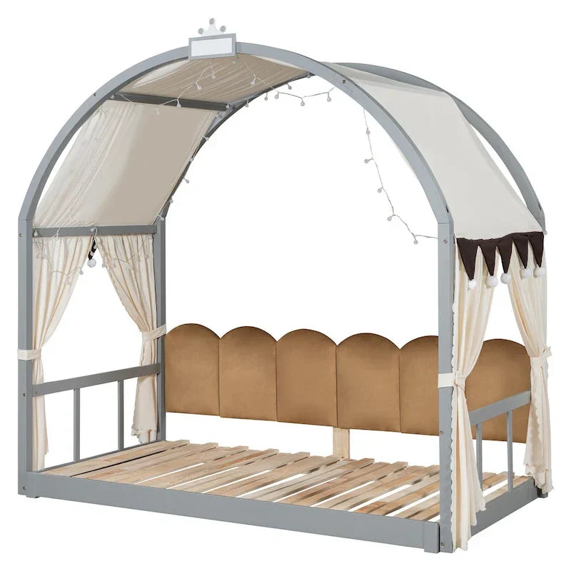 Solid Wood Playhouse Platform Bed Floor Montessori Bed Frame with Arched Roof and Trundle for Girls and Boys