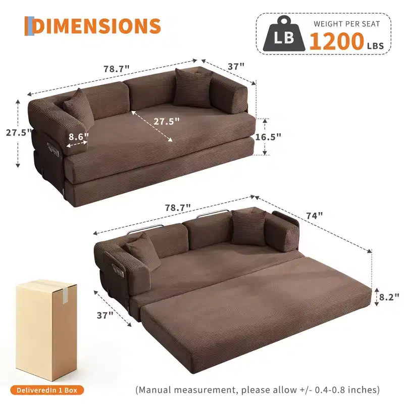 Modern 79 Corduroy Futon Sofa Bed for Small Spaces, 5-in-1 Convertible Sleeper Couch with Removable Armrests & Pillows