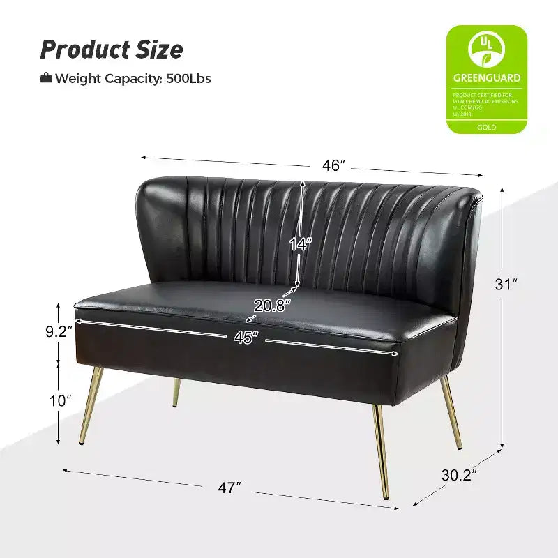47 Contemporary Wingback Loveseat, Armless 2-Seater Sofa with Metal Legs for Living Room or Bedroom