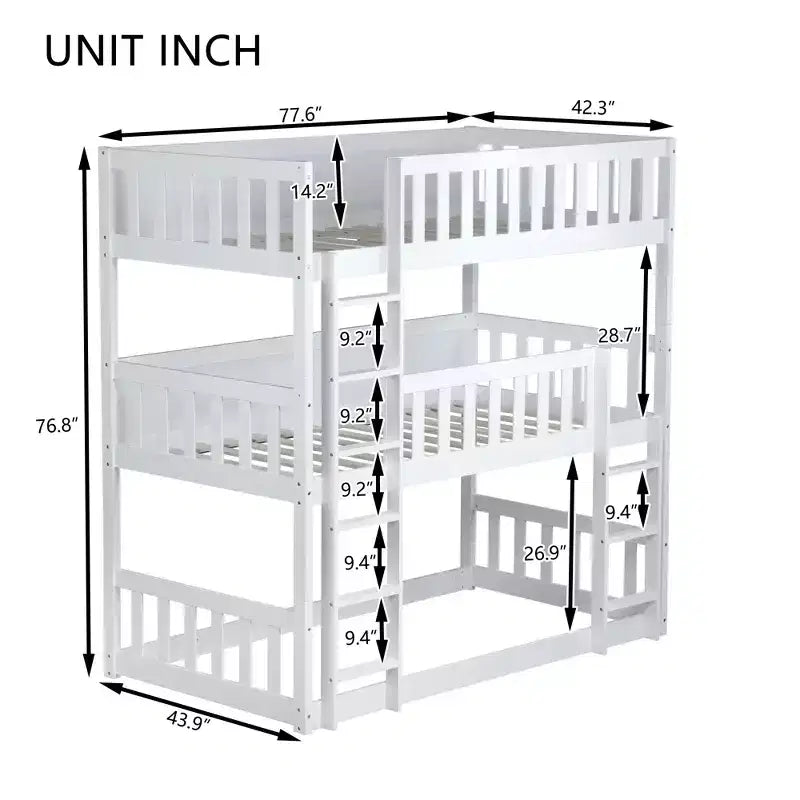 Twin Size Triple Rubber Wood Bunk Bed with Ladders & Guardrails, Detachable, White