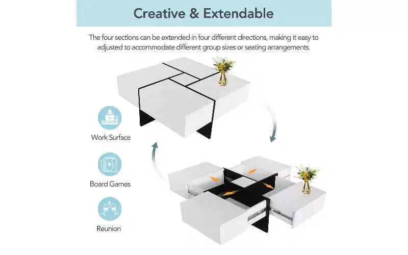 Extendable Puzzle-Top Coffee Table with 4 Hidden Storage Compartments