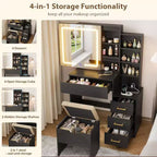 DobleePy Modern Vanity Desk with Sliding Mirror & LED Lights, 4 Drawers, 7 Shelves, Charging Station & Stool, Makeup Dressing Table for Bedroom