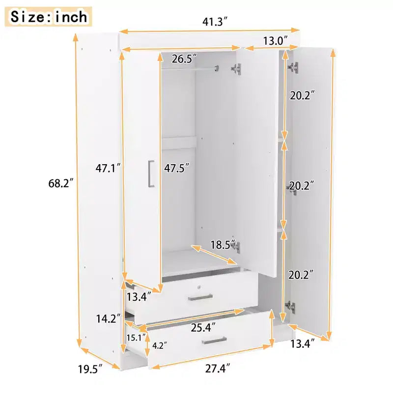 3-Door Wardrobe with Shelves and 2 Drawers, Clothing Armoire 4A - ModernLuxe