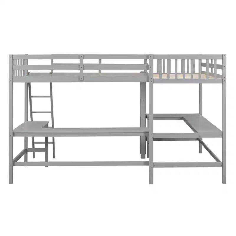 119''L 79.5''W Wood Twin Size L-Shaped Loft Bed with Ladder and 2 Built-in L-Shaped Desks