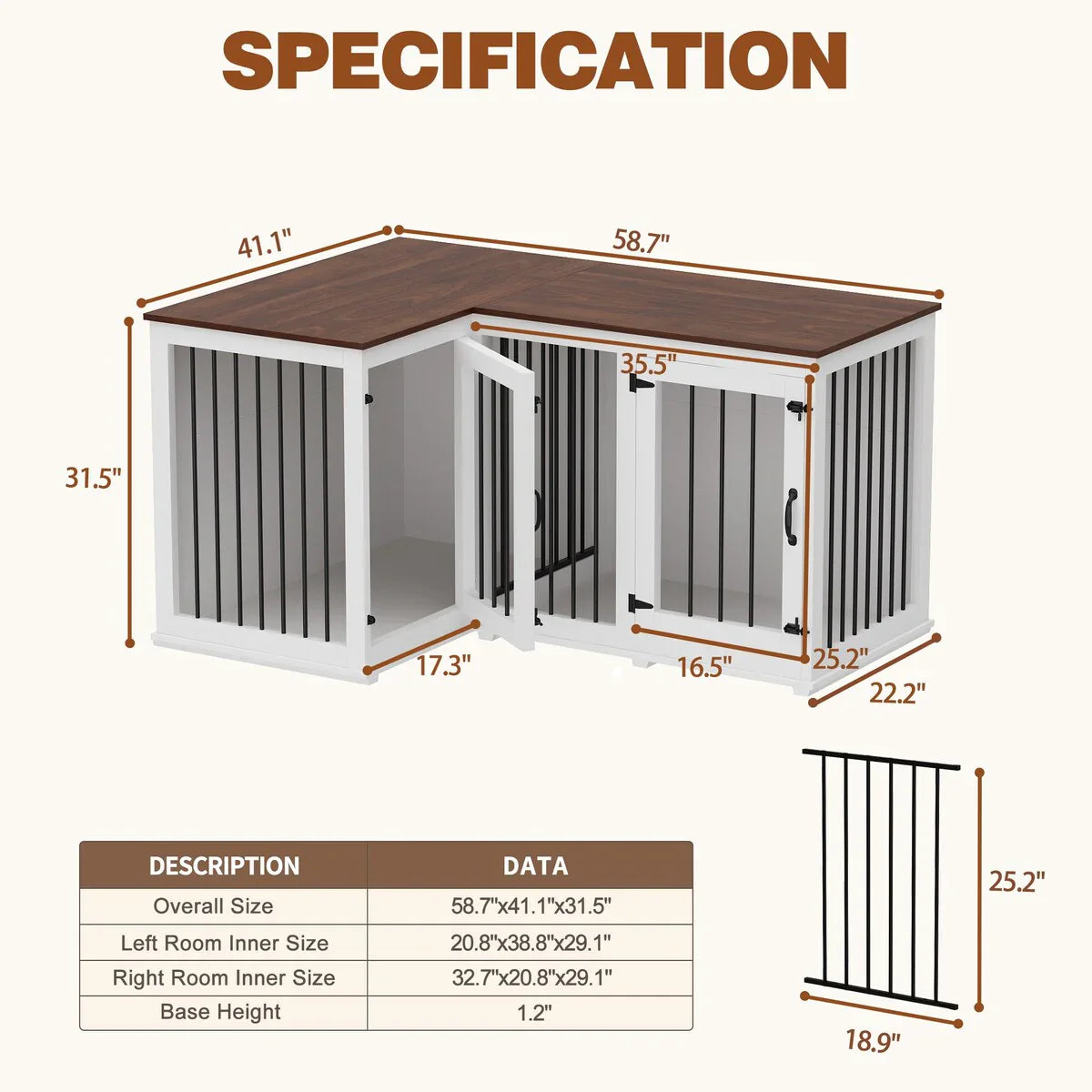 Grand meuble de caisse d'angle pour 2 chiens, cage pour chien en forme de L - 58,7X41,1