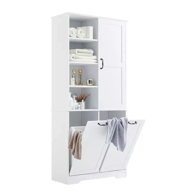 Bathroom Storage Cabinet with Doors and Drawers Tilt-Out Laundry Hamper Multiple Storage Space Freestanding Style
