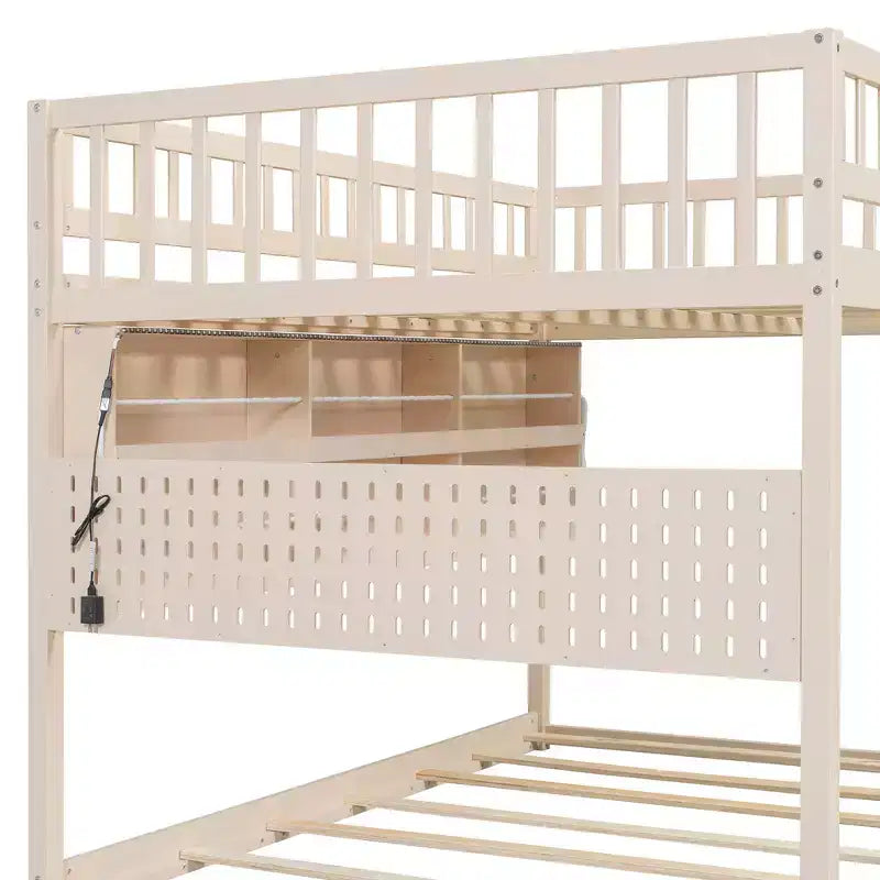 Full Over Full Modern Low Bunk Bed with Storage Lighted Shelves and Pegboard