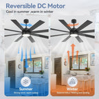 65 Inch 8-Blade Black LED Ceiling Fan with Light and Remote