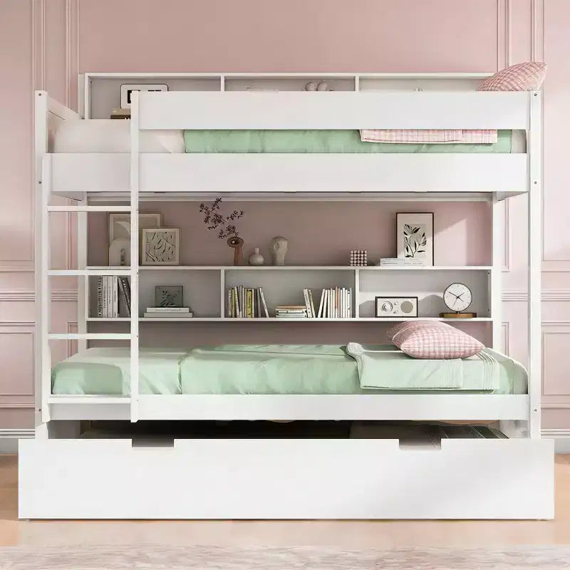 Luxystar Modern Full over Full Bunk Bed with Shelves and Trundle