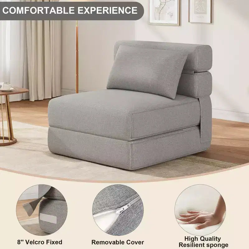 Folding Sofa Bed Chair with Pillow  Convertible Futon with Memory Foam & Removable Linen Cover for Lounge or Guest Room