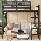Queen Size Loft Bed with Ladder Metal Queen Loft Bed with Storage Shelves High Loft Bed for Kids Teens Black