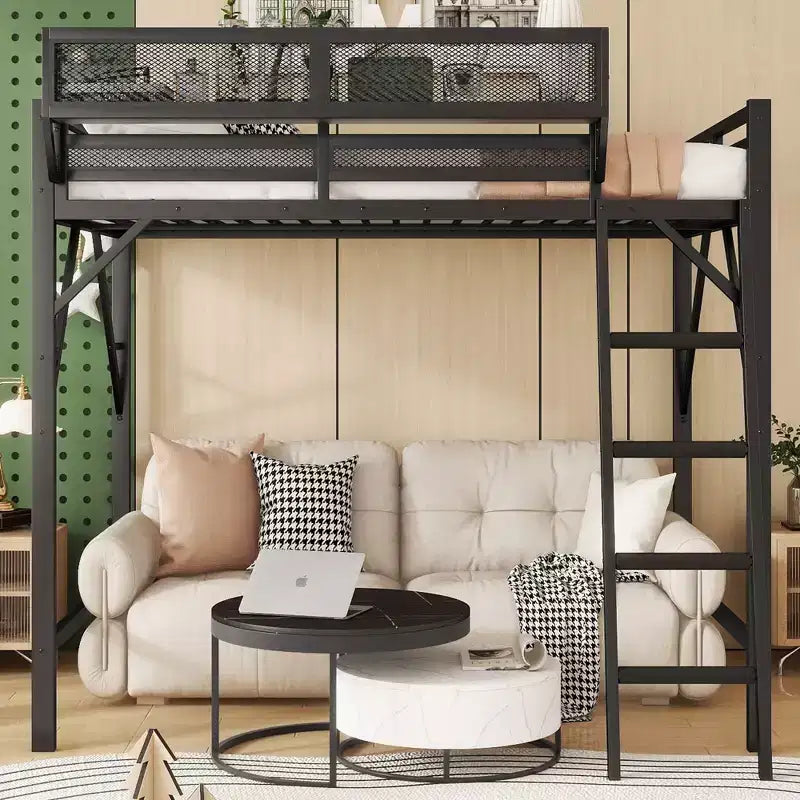 Queen Size Loft Bed with Ladder Metal Queen Loft Bed with Storage Shelves High Loft Bed for Kids Teens Black