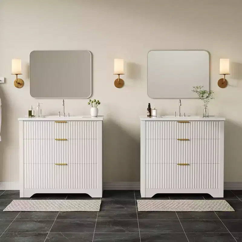 Modern Fluted Bathroom Vanity Set with Integrated Ceramic Basin Freestanding Bathroom Storage Vanity Cabinet with 3 Drawers for Contemporary Bathroom