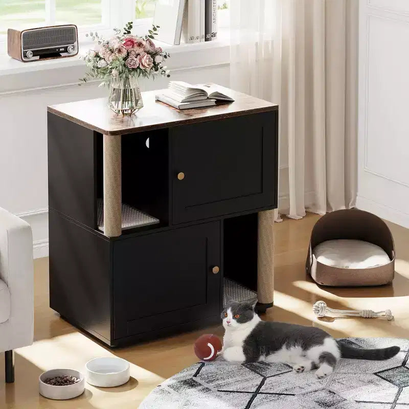 Double Cat Litter Box Enclosure for 2 Cats  Hidden Dual Litter Cabinet, Mark Mats & Sisal Post, Dog-Proof Modern End Table, Large Storage Cat House