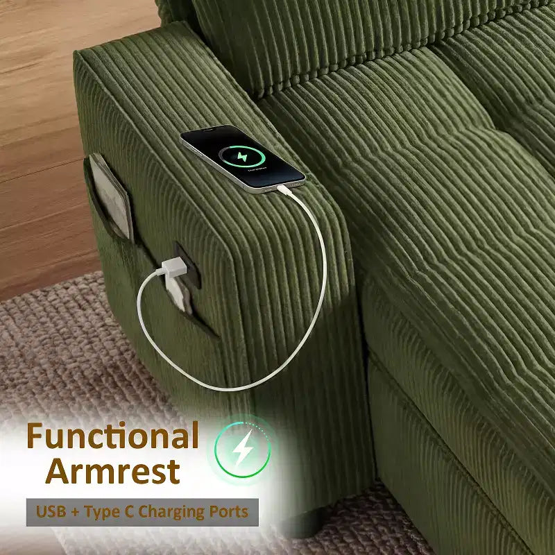 Canapé-lit convertible, canapé-lit en forme de L de 81 po avec méridienne de rangement réversible/port USB/poche latérale/assemblage sans outils, velours côtelé beige