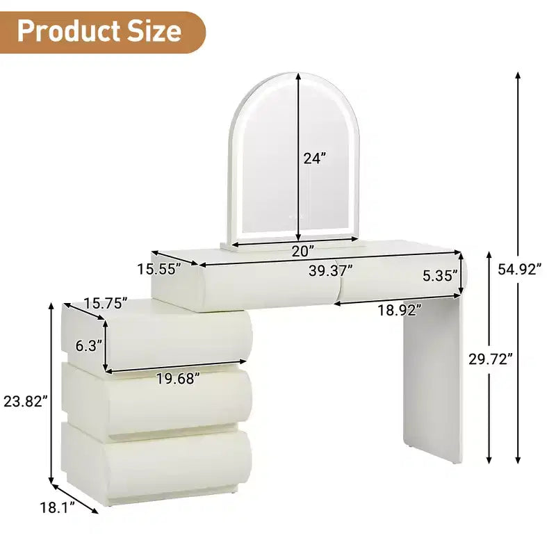 Modern Leather Upholstered Makeup Vanity Table with LED Lighted Mirror and 5 Drawers