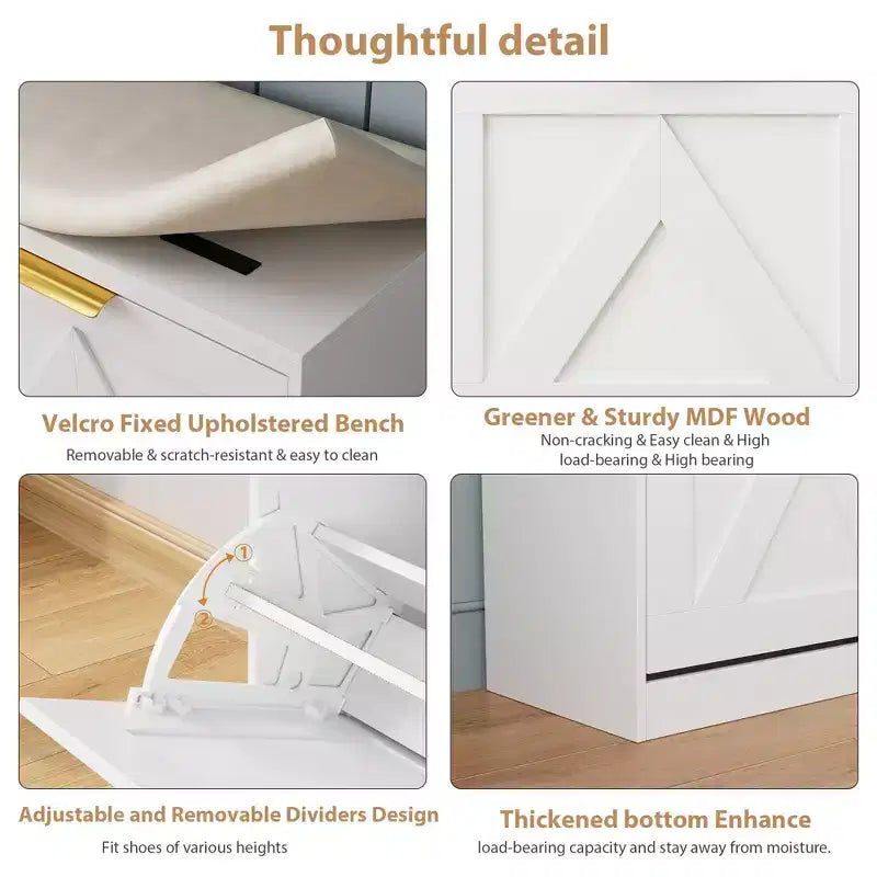 Farmhouse Shoe Cabinet with Bench, 4 Flip Drawers Entryway Shoe Storage Organizer with Comfort Cushioned Seat, Freestanding Shoe Rack Bench