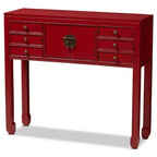 Table console Melodie à 6 tiroirs rouge - Baxton Studio : Inspiration antique, bois de bayur, poignées en bronze