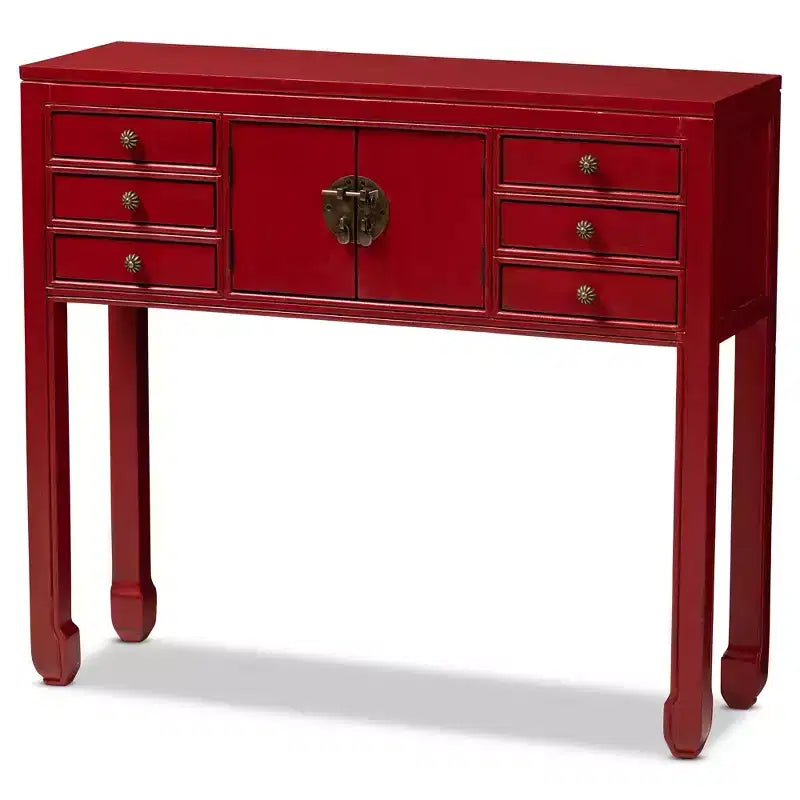 Table console Melodie à 6 tiroirs rouge - Baxton Studio : Inspiration antique, bois de bayur, poignées en bronze