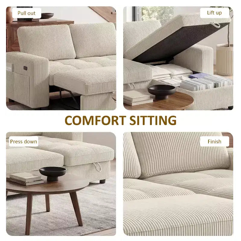 Canapé-lit convertible, canapé-lit en forme de L de 81 po avec méridienne de rangement réversible/port USB/poche latérale/assemblage sans outils, velours côtelé beige