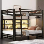 Metal Queen over Queen Bunk Bed with Storage Cabinets and LED, Black
