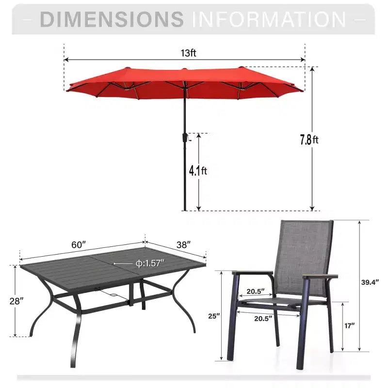 Captiva Designs 8pc Patio Dining Slat-top Steel Table & Aluminum Stackable Chairs & Market Umbrella